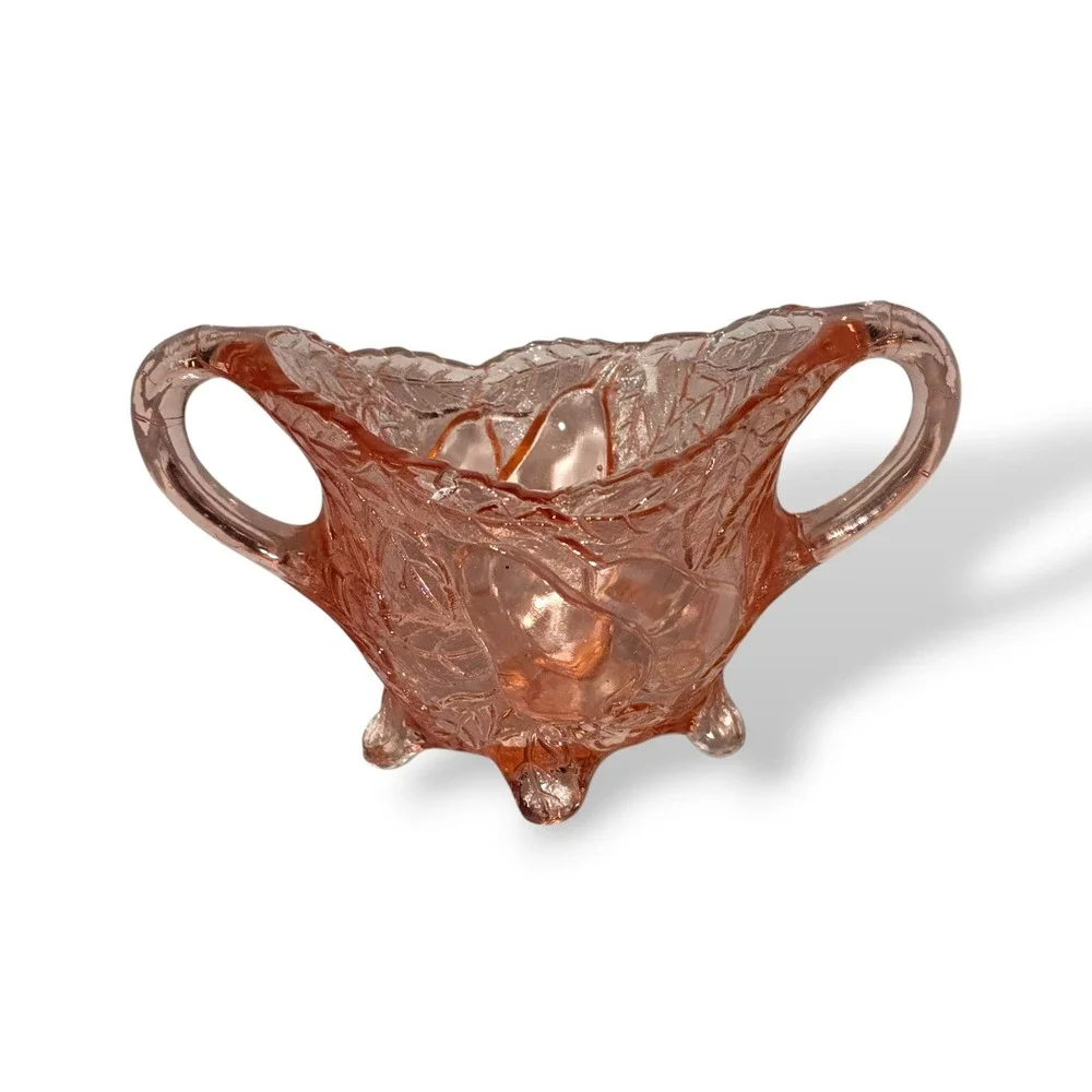 Vintage Pink Depression Glass Sugar Bowl Pear Pattern‎ Footed Double Handle 6.5
